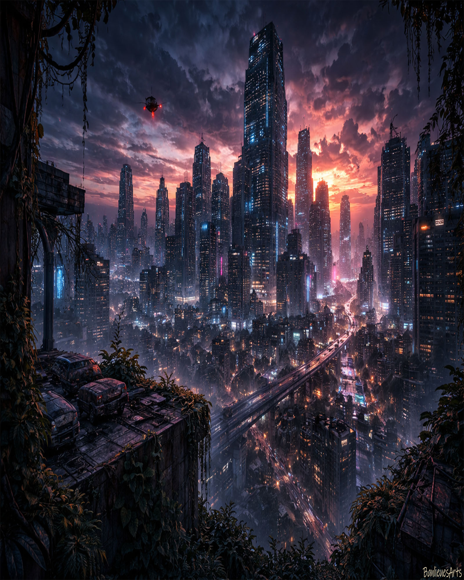 Skyline futuriste crépusculaire